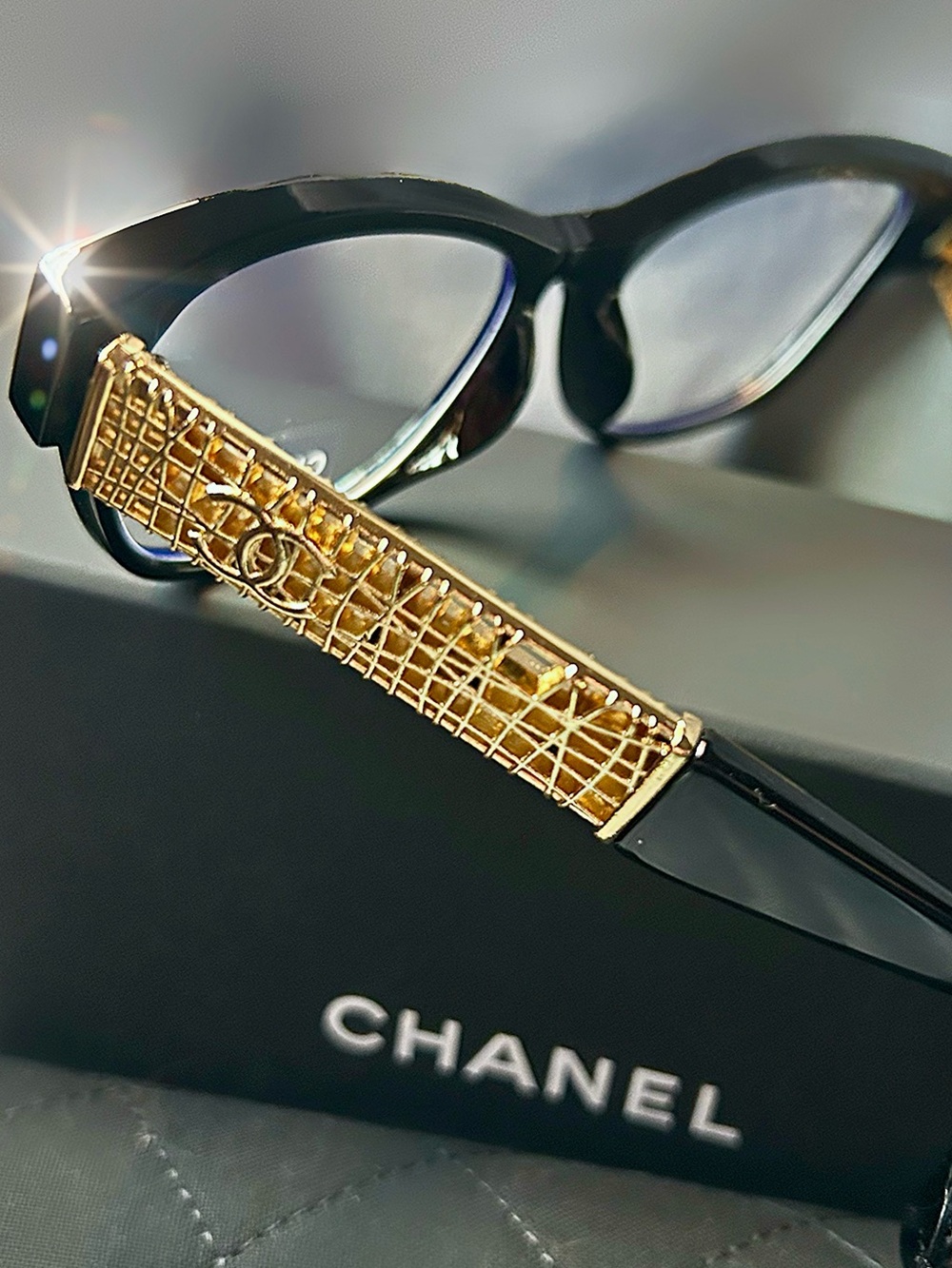 Blue light Protective CHANEL Black Frames with Gold Mesh Temple Sunglasses